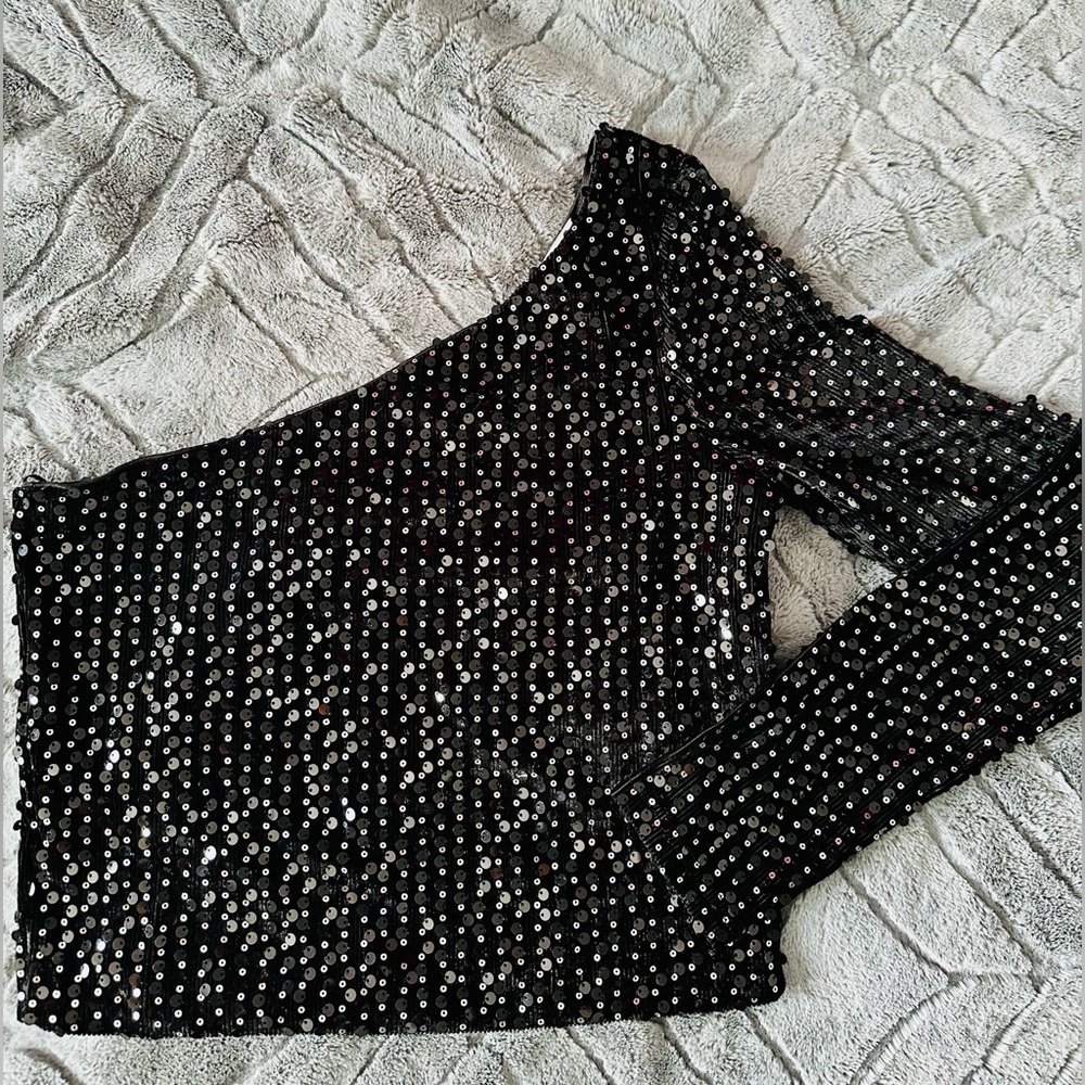 Black Crop Top. One Sleeve Black Crop Top with Sequins from MANGO